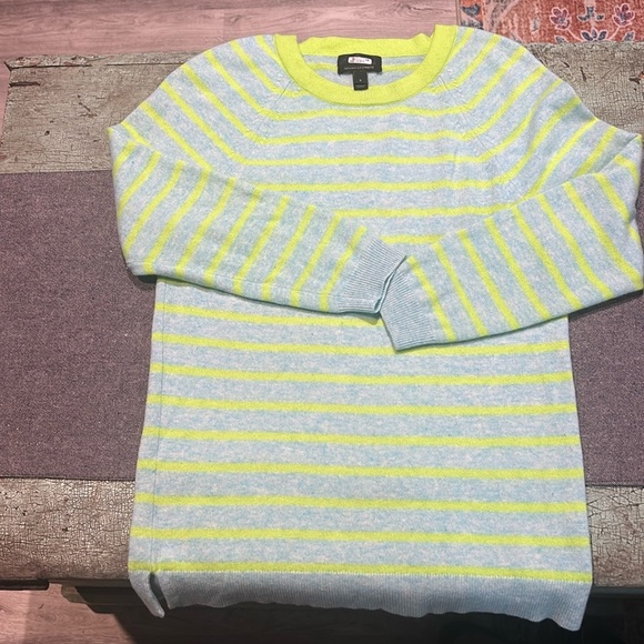 J Crew Italian Cashmere Stripped Sweater Blue and  Neon Leather Size Small - Picture 1 of 4